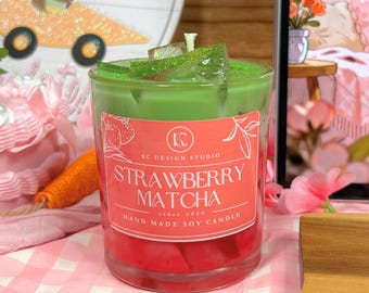 Iced Strawberry Matcha Candle | Soy Wax | Pink Green Blend | Gel Wax Ice Effect | Spring Decor Gift