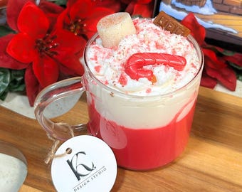 Bougie de Noël à la menthe poivrée et au cacao chaud | Mug de soja fait main | Cadeau festif menthe et guimauve