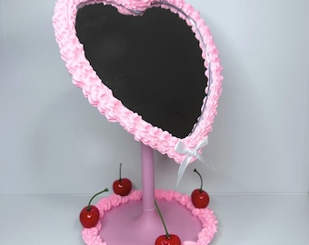 Heart-Shaped Cake LED Vanity Mirror: Kawaii Cherry & Frosting Design