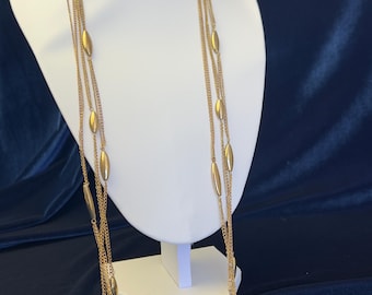 Gold Tone Multi Strand Necklace, Long Layered Chain with Oval Stations, Cascade Statement Jewelry, Unbranded Costume Necklace
