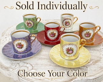 Vintage Espresso Cup & Saucer Set Iridescent Porcelain Demitasse Romantic Couple Gold Handle Colorful Set Sold Individually