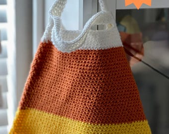 Candy Corn Trick or Treat Bag, Halloween Crochet Tote, Handmade Fall Bag