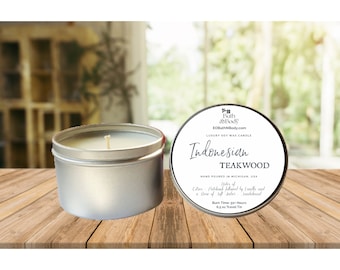 Indonesian Teakwood Luxury Soy Wax Candle | Hand Poured | Zero Waste & Reusable | Minimalistic | Michigan Made | Gift for Friend | 6 oz Tin