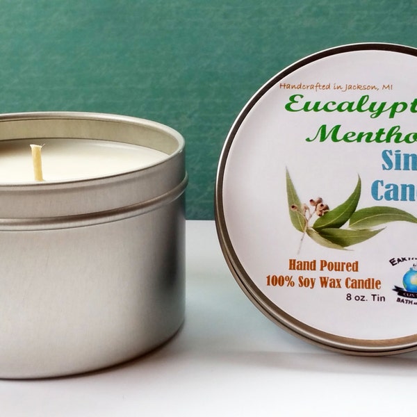 Eucalyptus Menthol Sinus Relief Soy Candle | Hand Poured | Stocking Stuffer | Unique Gift | Eco Friendly | Reusable Tin | Vegan | 8 oz