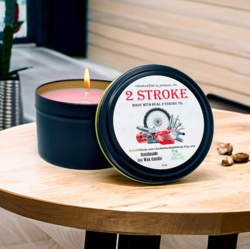 2 Stroke Dirt Bike Race Fuel PreMix Aroma Soy Candle Hand Poured Zero Waste & Reusable Tin Man Cave Design 3 sizes image 4