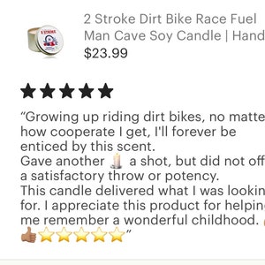 2 Stroke Dirt Bike Race Fuel PreMix Aroma Soy Candle Hand Poured Zero Waste & Reusable Tin Man Cave Design 3 sizes image 2