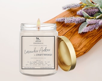 Lavender Amber + Driftwood Luxury Coconut + Soy Wax Candle | 9 oz Glass Jar with Gold Lid | Hand Poured | Zero Waste & Reusable Glass