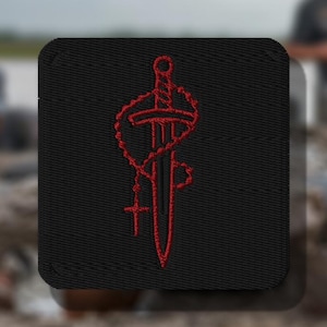 Espada cruzada y rosario – Parche bordado táctico católico / Parche católico