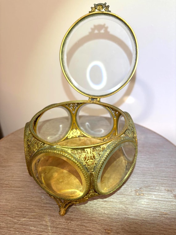 Antique French Style Ormolu Glass Jewelry Casket | Early 1900s Beveled Glass Vitrine Box | Vanity Trinket Box | Gold Filigree