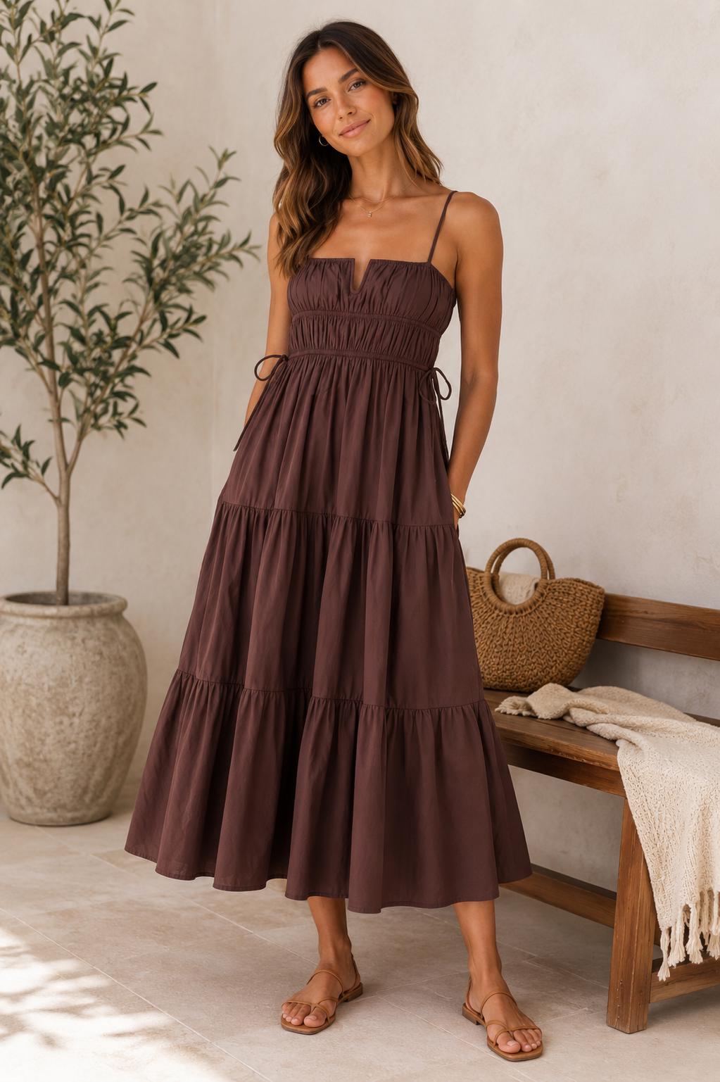 moon river shirred cotton midi dress Women's Poplin - Brown - Size M PRETTYGARDEN Women Summer Wedding RE Shopbop 100% cotton Size:FR48 - US18W- UK22