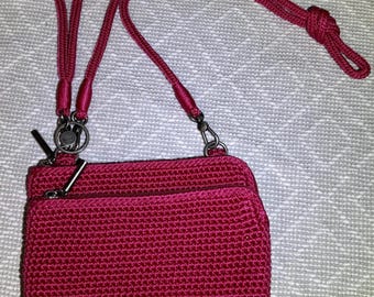 The Sak Magenta Crochet Mini Crossbody Bag  | Pink Woven Boho Purse | Adjustable Strap Travel Festival Bag. New.