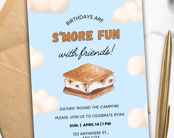 May include: A light blue invitation card with the text "BIRTHDAYS ARE S'MORE FUN with friends!". The card features a watercolor illustration of a s'more and fluffy clouds. A gold pen and envelope are in the background.