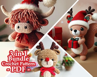 3 in 1 Bundle Häkelanleitung, Amigurumi Weihnachten Waldtier Häkeln PDF Ebook , Anfänger klein häkeln Eichhörnchen Kinder Spielzeug Muster