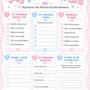 May include: A pastel pink and blue printable planner page titled My Freshman Era, Big Dreams, New Memories & Little Adventures. It features six numbered sections for bucket lists, goals, memories, things to try, favourites, and notes to self.