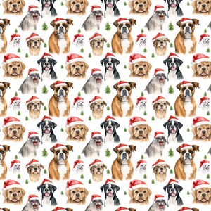 Puede incluir: Un patrón repetido de varias razas de perros, cada uno con un gorro de Papá Noel. Los perros son de color marrón, negro y blanco, sobre un fondo blanco con pequeños árboles de Navidad verdes.