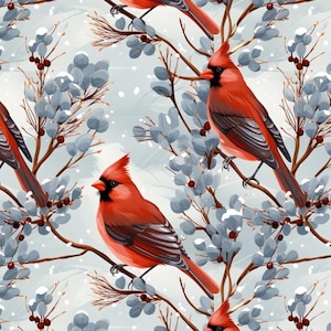 May include: A repeating pattern featuring vibrant red cardinals perched on branches with blue-gray leaves and red berries. The background is a soft, snowy light blue, creating a wintery scene.
