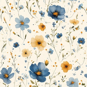 May include: Watercolor floral pattern featuring blue and yellow flowers with green stems and leaves. The flowers are scattered across a cream-colored background, creating a delicate and natural design. The pattern includes small orange accents and blue speckles.