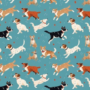 May include: A repeating pattern of various dog breeds in different poses, including running and jumping, against a light blue background. The dogs are depicted in shades of brown, white, and black, with red collars. Small red dots and white lines are scattered throughout the design.