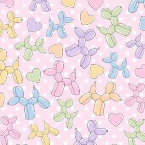 Könnte beinhalten: Ein sich wiederholendes Muster aus pastellfarbenen Ballonhunden und Herzen auf einem rosa Hintergrund mit weißen Tupfen. Die Ballonhunde sind in Gelb-, Blau-, Grün-, Rosa- und Lilatönen gehalten.