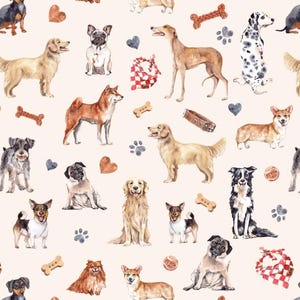 Cute Pet Dog Pattern Fabric - 100% Cotton - Sewing, Apparel, DIY Projects - Sold by Half Yard