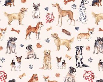 Könnte beinhalten: Wiederholendes Aquarellmuster mit verschiedenen Hunderassen, darunter Golden Retriever und Dalmatiner, sowie Hundeknochen, Pfotenabdrücken und Herzen auf hellrosa Hintergrund. Der Illustrationsstil ist weich und detailliert.
