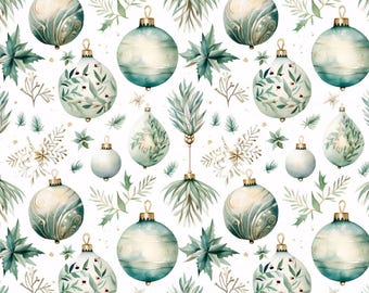 May include: Watercolor pattern featuring Christmas ornaments in shades of teal, white, and gold. The design includes various shapes of ornaments, sprigs of greenery, and snowflakes, creating a festive and elegant holiday theme.