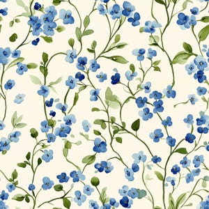 May include: A repeating pattern of small, blue flowers and green leaves on a cream-coloured backdrop. The design has a watercolour aesthetic, with the flowers and foliage appearing hand-painted. Ideal for fabric, wallpaper, or other decorative uses, the pattern is visually appealing.