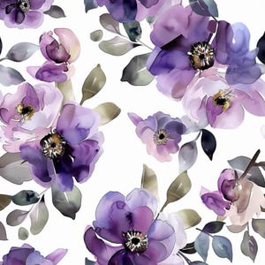 Peut inclure: Motif floral à l'aquarelle avec des fleurs violettes et lavande, des centres jaunes et des feuilles vertes et grises sur fond blanc. Le motif crée un design sans couture.