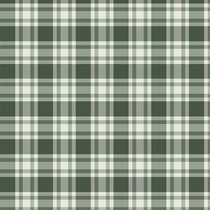 Puede incluir: Un patrón de cuadros repetitivo con líneas horizontales y verticales que se cruzan en tonos verde bosque oscuro, verde salvia apagado y blanco roto. El diseño consiste en una cuadrícula de cuadrados y rectángulos formados por rayas.