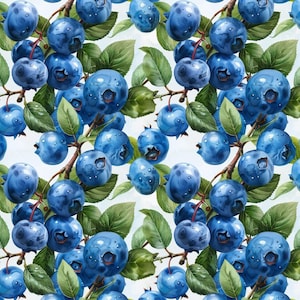May include: A watercolor pattern featuring clusters of ripe blueberries with water droplets. The blueberries are a deep blue color, contrasted by green leaves and brown stems. The background is a soft, light blue.