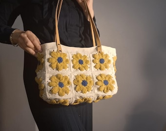 Bolso tote de margaritas de crochet hecho a mano – Monedero cuadrado de algodón amarillo de la abuela