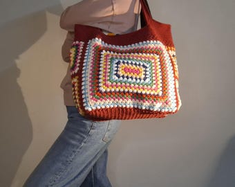 Large Retro Boho Crochet Tote Bag – Handmade Granny Square Shoulder Bag