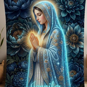 May include: A blue blanket featuring a religious illustration of a woman with a halo, hands clasped in prayer, surrounded by blue flowers. The name "Jennifer" is written in a glowing script at the bottom. The blanket is held up by unseen hands.