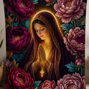 May include: A plush blanket featuring a religious image of a woman with a golden halo, hands clasped in prayer, and a cross pendant. The design is surrounded by large, vibrant peonies in shades of pink and burgundy, with the name "Jessica" in a glowing script.