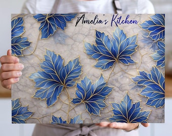 Tabla de cortar de vidrio templado personalizada, regalo de cocina con nombre personalizado, tabla de cortar con diseño de hoja azul mármol, regalo para mamá, regalo de inauguración de casa