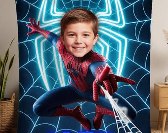 Manta personalizada con foto de superhéroe araña, manta personalizada para niños, superhéroe, forro polar de terciopelo Sherpa