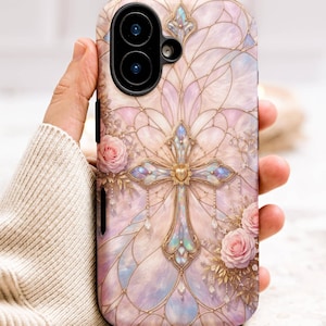Pink Mosaic Cross iPhone Case, Stained Glass Mosaic Phone Case, Christian Aesthetic Case, Floral Cross Cover, MagSafe Tough Glossy Matte