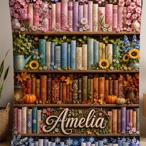 May include: A rectangular throw blanket featuring a bookshelf design with five shelves. The shelves display books in seasonal themes: spring flowers, summer greenery, autumn pumpkins and leaves, the name Amelia, and winter snowflakes.