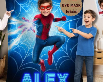 Gepersonaliseerde Spider Hero-fotodeken Custom SuperHero-gezichtsdeken kinderen Superheld, fluwelen fleece sherpa