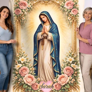 Personalized Our Lady of Guadalupe Mary Catholic Prayer Blanket with Custom Name – Premium quality Floral Christian Gift for Mom & friends