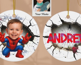 Adorno de superhéroe araña personalizado, foto infantil personalizada con nombre del niño, estilo araña - regalo para niños, regalo de araña Spidey