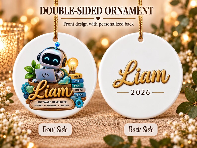 Może przedstawiać: Okrągła biała ceramiczna ozdoba z rysunkowym robotem, laptopem, żar&oacute;wką i imieniem Liam oraz napisem Software Developer, Automate, Innovate, Elevate. Na odwrocie znajduje się imię Liam i rok 2026 wykonane złotą czcionką.