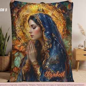 Custom Virgin Mary Prayer Blanket with Name – Premium quality Blue Floral Catholic Throw – Sherpa Velveteen – Faith Gift for Women & Family Design 9