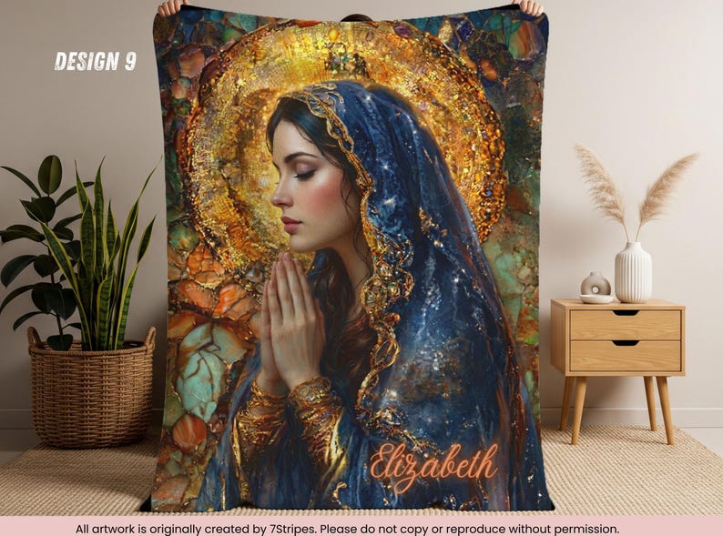 Custom Virgin Mary Prayer Blanket with Name – Premium quality Blue Floral Catholic Throw – Sherpa Velveteen – Faith Gift for Women & Family Design 9