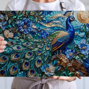 Könnte beinhalten: Ein rechteckiger Wandkunstdruck mit einer lebendigen Illustration im Mosaikstil eines Pfaus mit schillerndem blauem und grünem Gefieder. Der Vogel ist umgeben von detaillierten blauen Blumen, üppigem Blattwerk und einer goldenen Sonne vor einem strukturierten Hintergrund.