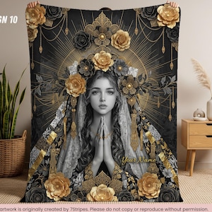 Custom Virgin Mary Prayer Blanket with Name – Premium quality Blue Floral Catholic Throw – Sherpa Velveteen – Faith Gift for Women & Family Design 10