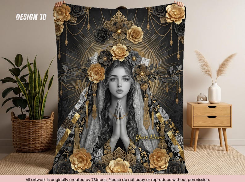 Custom Virgin Mary Prayer Blanket with Name – Premium quality Blue Floral Catholic Throw – Sherpa Velveteen – Faith Gift for Women & Family Design 10