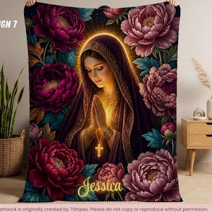 Custom Virgin Mary Prayer Blanket with Name – Premium quality Blue Floral Catholic Throw – Sherpa Velveteen – Faith Gift for Women & Family Design 7