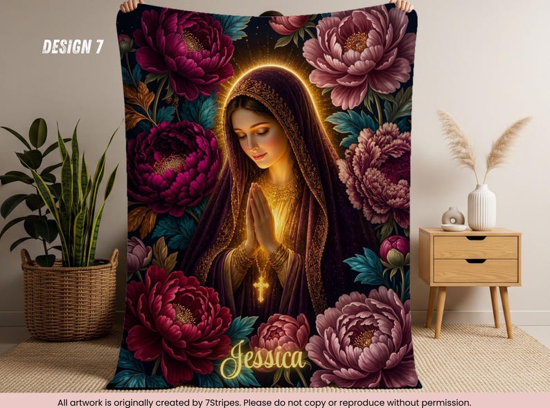 Custom Virgin Mary Prayer Blanket with Name – Premium quality Blue Floral Catholic Throw – Sherpa Velveteen – Faith Gift for Women & Family Design 7