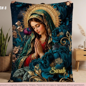 Custom Virgin Mary Prayer Blanket with Name – Premium quality Blue Floral Catholic Throw – Sherpa Velveteen – Faith Gift for Women & Family Design 8